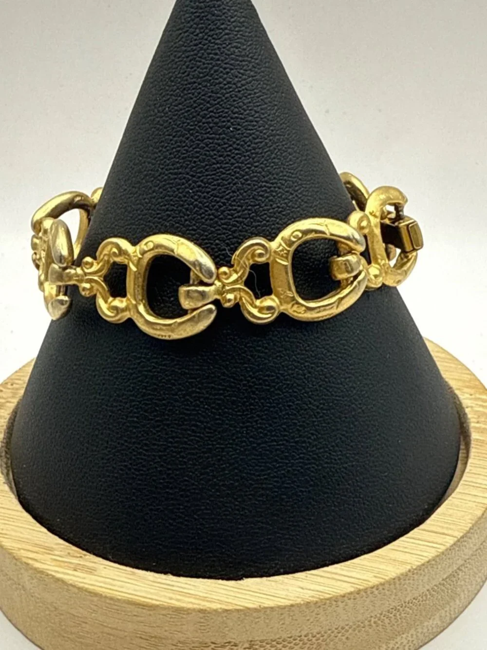 Vtg Gold Equestrian Horseshoe Link Bracelet Chunky Art Deco Old Money Statement
